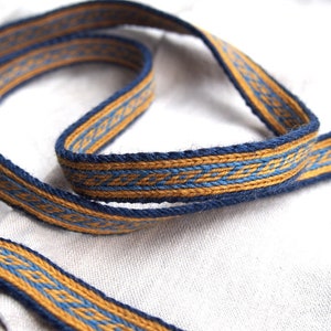 May include: A close-up of a woven blue and gold ribbon. The ribbon has a geometric pattern and is made of a soft, textured material.