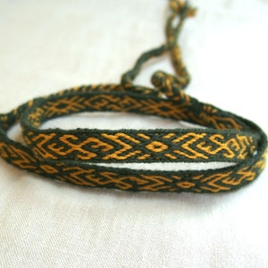 Woolen headband - tablet woven with solar motif, card woven braid, medieval reenactment, tablet weaving, viking headband, dark green-yellow