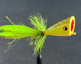 Size 2 Hand Carved Wood Popper (Light Frog colors) Flies for Fly Fishing