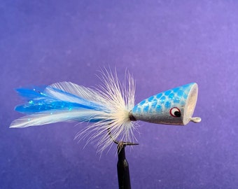 Size 2 Hand Carved Wood Popper (Glitter baitfish colors) Flies for Fly Fishing