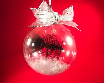 Hand Tied Fly Fishing Glass Christmas Ornament - Wooly Bugger Streamer w/ White/ Silver Ribbon 2.5 inch diameter ornament