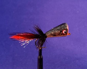 Size 4 Hand Carved Wood Popper (Black/ glitter/ orange colors) Flies for Fly Fishing