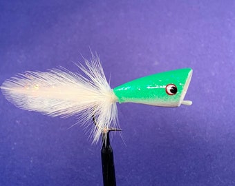 Size 2 Hand Carved Wood Popper (Glitter greenback colors) Flies for Fly Fishing