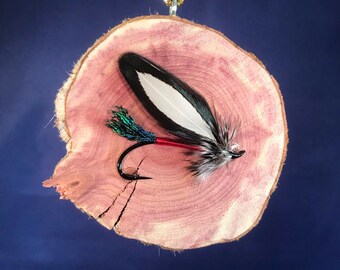 Hand Tied Fly Fishing Christmas Ornament - Spruce Streamer mounted on fragrant cedar wood disc