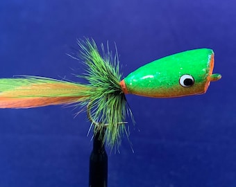 Size 6 Hand Carved Wood Popper (Neon sparkle Frog colored) Flies for Fly Fishing