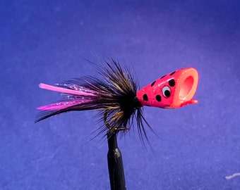Size 6 Hand Carved Wood Popper (Pink Polka Dot colors) Flies for Fly Fishing