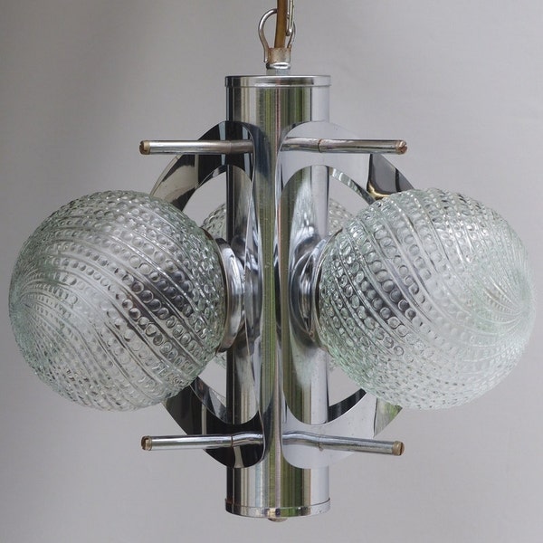 1970s ceiling lamp chrome steel moulded glass. Mazzega style italian chandelier