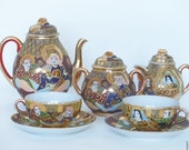 Satsuma moriage tea set. Tea set with polychrome enamels. Japanese moriage porcelain.