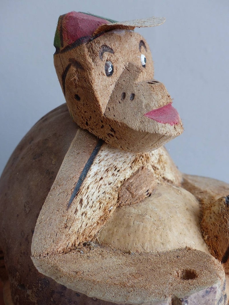 Monkey piggy bank Vintage Hawaiian souvenir. Hand carved coconut monkey Folk art figure Coconut carving monkey bank