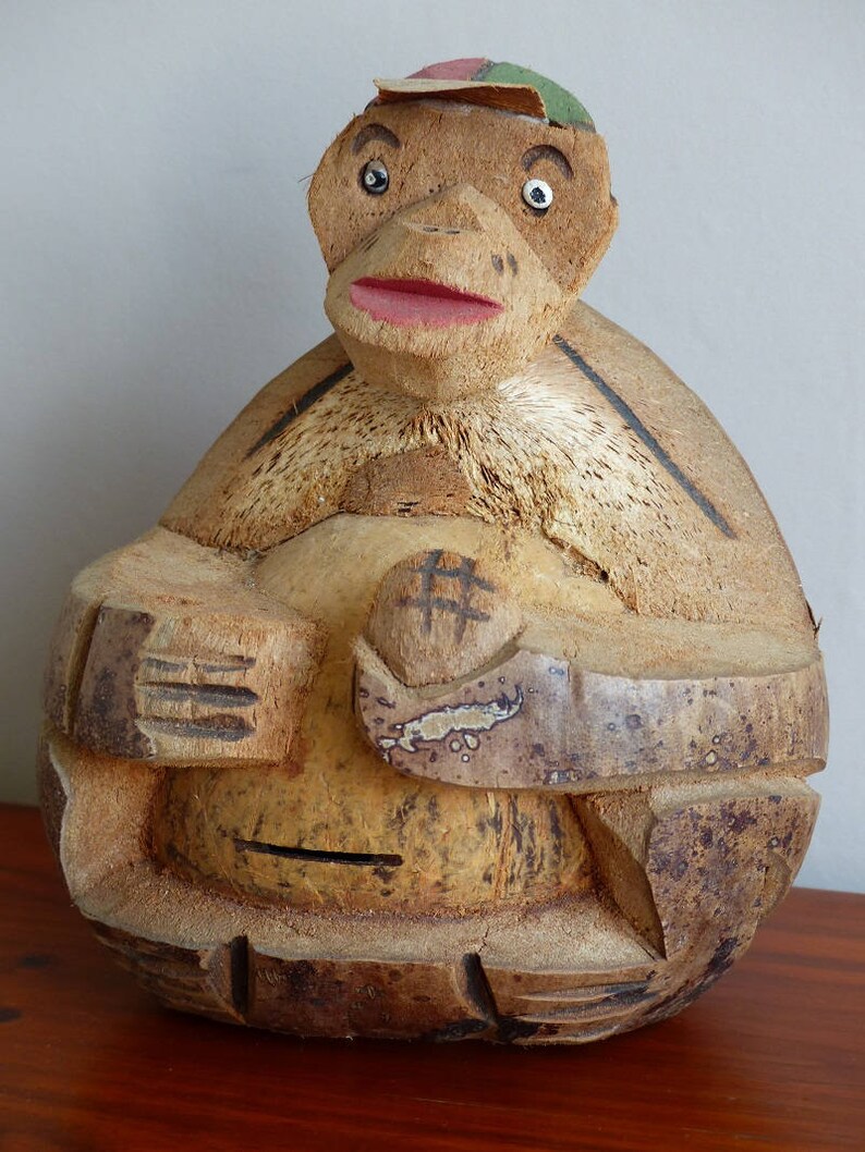 Monkey piggy bank Vintage Hawaiian souvenir. Hand carved coconut monkey Folk art figure Coconut carving monkey bank
