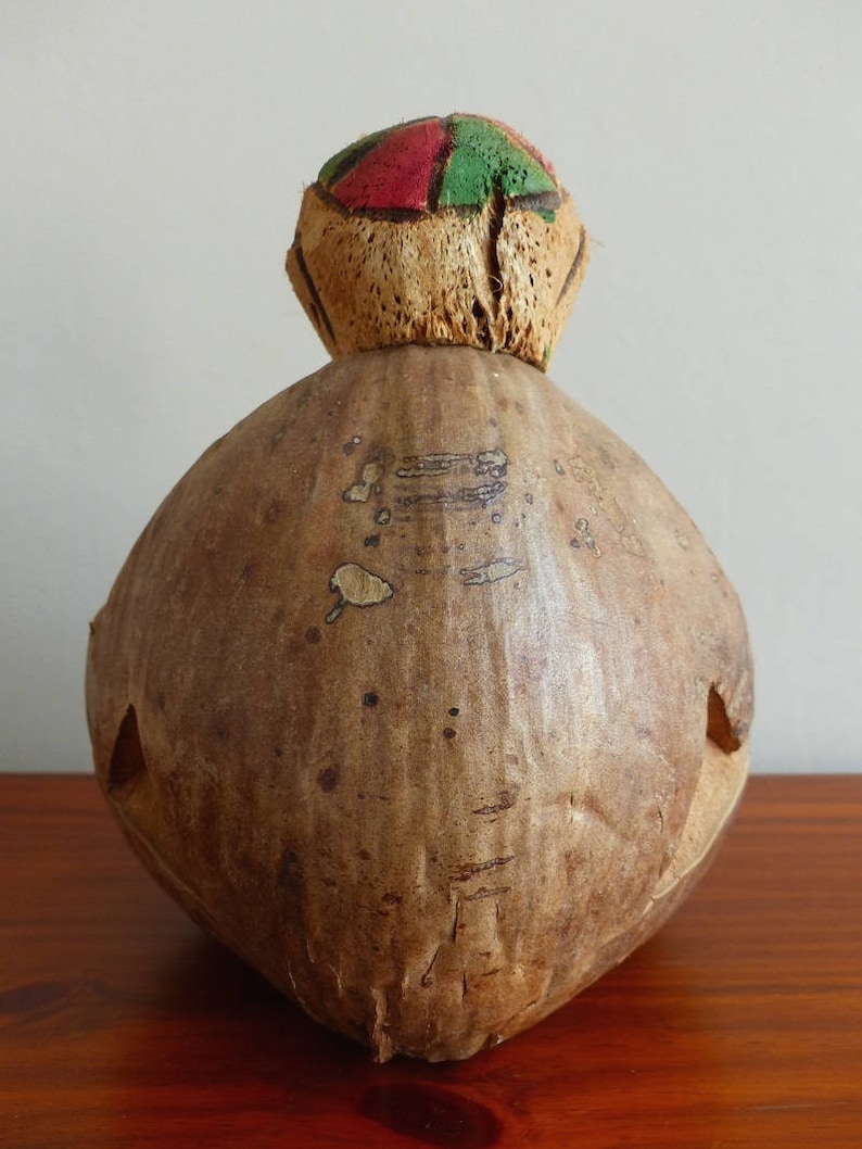 Monkey piggy bank Vintage Hawaiian souvenir. Hand carved coconut monkey Folk art figure Coconut carving monkey bank
