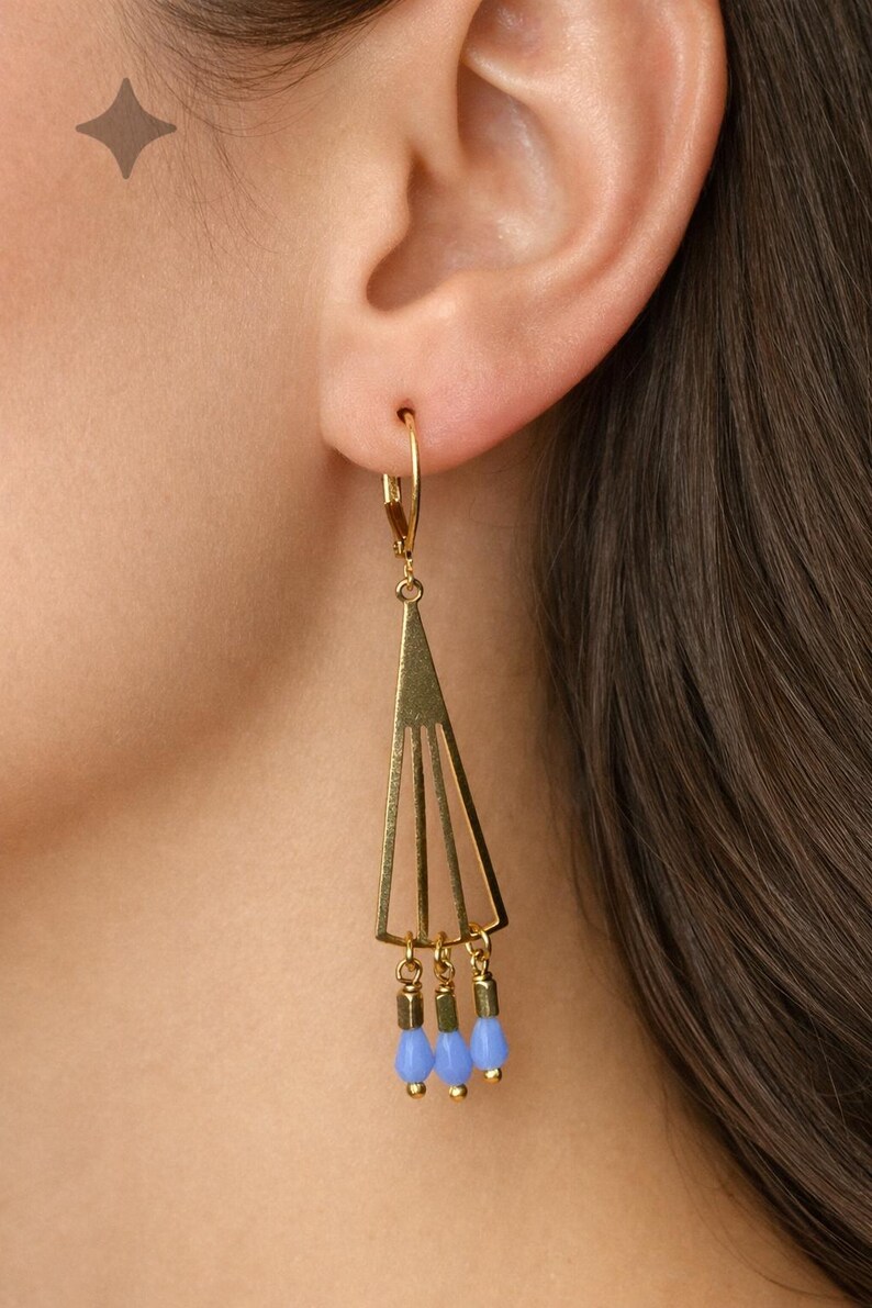 DOROTHY earrings made of golden brass with light blue glass drops in Art Deco style (1907) image 2