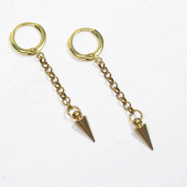 Earrings BOHO-SPIKES golden hoop earrings with spike pendant on chain, punk boho festival earrings made of brass