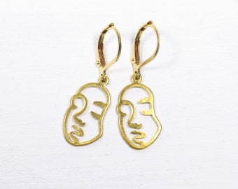 Boucles d’oreilles FACE Line Art Line Drawing Outline Silhoutte Face, Boucles d’oreilles abstraites modernes en laiton doré avec visage, cadeau pour elle