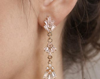 Long earrings CRYSTAL PENDANTS made of gold-plated brass with zirconia in Art Deco style (2422)