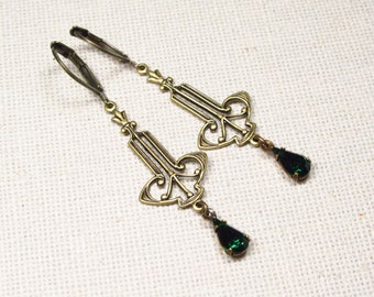 Earrings IPPOLITA Art Nouveau earrings faceted bronze green glass drops
