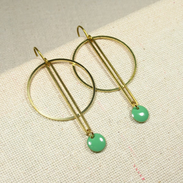 Earrings CIRCLE + ROD + MINT geometric earrings geometric jewelry, Art Deco earrings Miss Fisher, circle ring Sta enamel green mint green