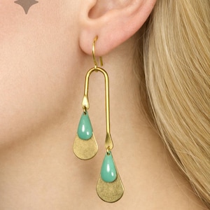 EMMA earrings made of golden brass with geometric shapes and mint green brass drops (2481)