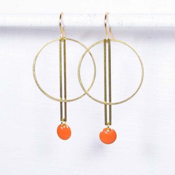 Ohrringe KREIS+STAB+ORANGE geometrische Ohrringe geometrischer Schmuck gold, Emaille orange Scheibe Kreis, Boho Ohrringe handmade