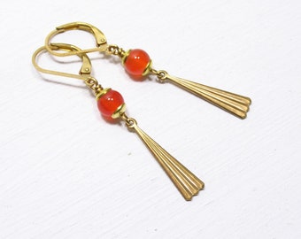 PHRYNE earrings with carnelian, orange carnelian earrings, Art Deco style Miss Fisher, brass gold brass earrings