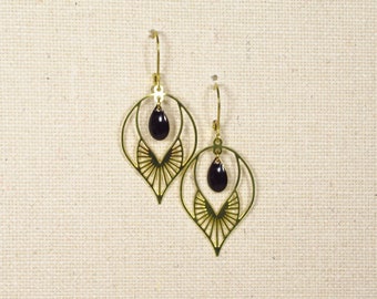 Boucles d'oreilles NOIR&OR Boucles d'oreilles style Art Déco 20s 20s Boucles d'oreilles Miss Fisher, laiton or gouttes émail noir émaillé