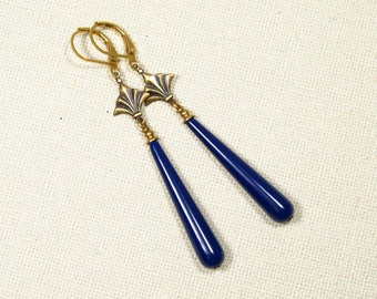 Earrings MISS ELAINE Art Deco style long blue earrings