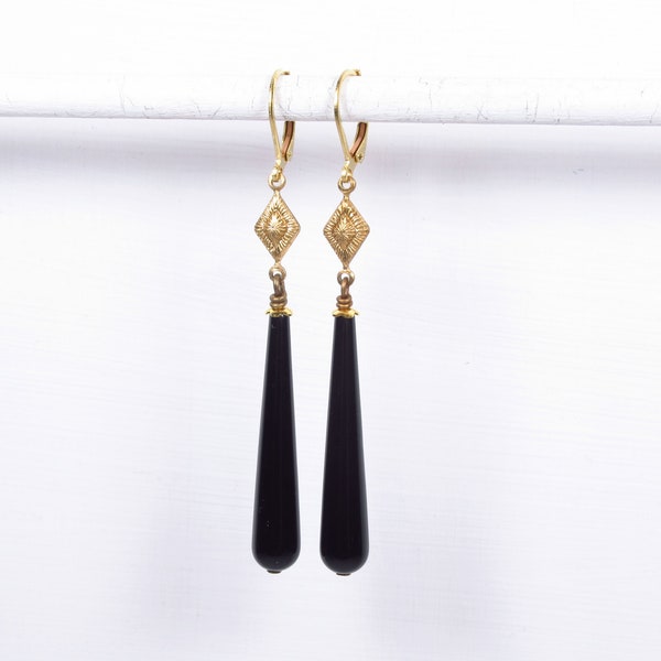 Earrings BLACK PANTHER golden Art Deco earrings Miss Fisher style, long drop beads black, Gatsby 20s 20s, sophisticated and elegant