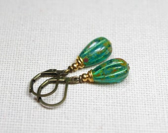 Earrings FOREST POND vintage style glass drops green turquoise