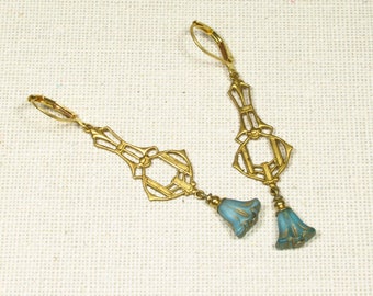 Earrings BLUE LILIES vintage style brass solid blue Czech flowers