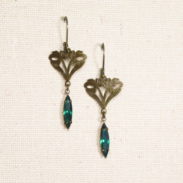 Boucles d'oreilles ISABELLA Boucles d'oreilles Art Nouveau bronze pierres de verre vert style vintage