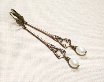 Earrings PEARL HANGERS Art Nouveau long pearl drops white