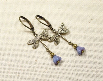Earrings DRAGONFLY BLOSSOM vintage style romantic nostalgic nostalgia, dragonfly Victorian, flower blossom purple violet, dragonfly earrings