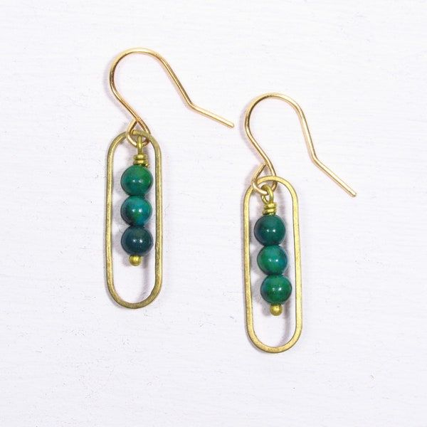 Earrings PHARAOH'S DAUGHTER golden ethnic earrings with chrysocolla chrysocolla beads green turquoise, Egyptian geometric earrings made of brass