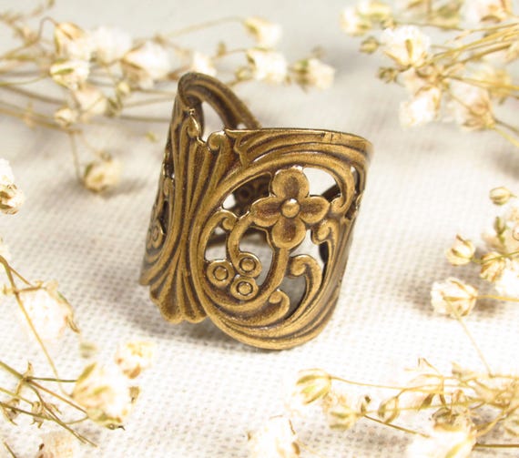 Ring FLORA aus bronzefarbenem Messing im Jugendstil, verstellbarer floraler Jugendstilring (259)
