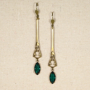 Earrings EMERALD HANGERS Art Nouveau vintage style brass bronze, long earrings glass stones Navette emerald green dark green