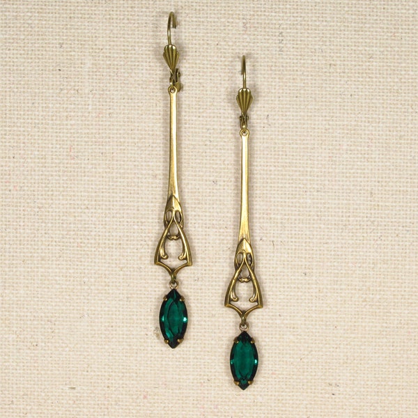 Boucles d'oreilles EMERALD CINTRES Art Nouveau style vintage laiton bronze, boucles d'oreilles longues pierres de verre Navette vert émeraude vert foncé