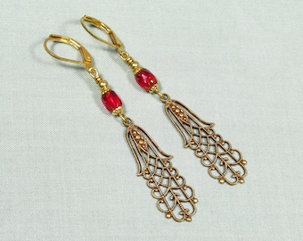 GLORIA earrings made of red glass beads and a bronze-colored ornament in vintage style (2488)