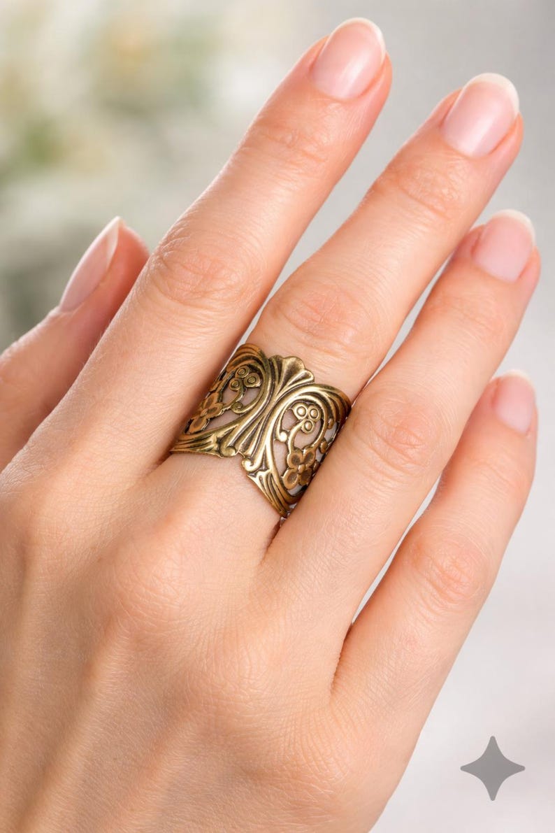 Anillo FLORA de latón color bronce, estilo Art Nouveau, ajustable, con diseño floral (259) imagen 2