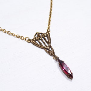 Necklace ROSEMARY chain necklace vintage style bronze brass, glass stone navette pink fuchsia, nostalgic chain necklace