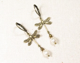 Bronze-colored brass SEA DRAGONFLY earrings with small white drop pearls, Victorian dragonfly earrings (2339)
