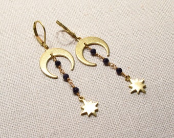 Pendientes NOCHE ESTRELLADA de latón dorado, medias lunas, pequeñas estrellas y perlas de río azul oscuro (2289)