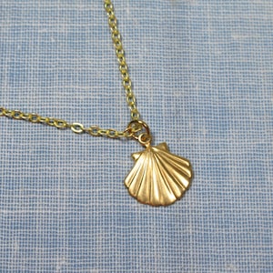 Könnte beinhalten: Eine goldene Kettenkette mit einem Muschel-Anhänger. Die Muschel ist detailliert und hat eine strukturierte Oberfläche.