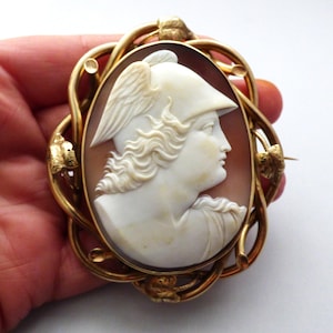 May include: Oval cameo brooch featuring a profile of a woman in a helmet, carved in white against a brown background. The cameo is set in a gold-toned frame with a decorative floral design. A classic piece of jewelry.