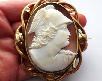 Könnte beinhalten: Ovale Kamee-Brosche mit dem Profil einer Frau mit Helm, in Weiß vor braunem Hintergrund geschnitzt. Die Kamee ist in einem goldfarbenen Rahmen mit dekorativem floralem Design gefasst. Ein klassisches Schmuckstück.