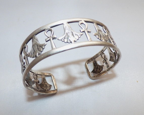 Vintage Egyptian Solid Silver Cuff Torque Bangle … - image 3