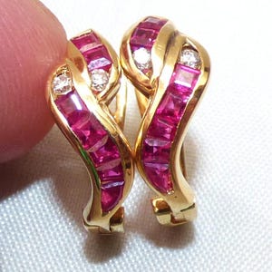 Vintage 18ct Gold Ruby & Diamond Leverback Huggie Hoop Snake Earrings Hallmarked