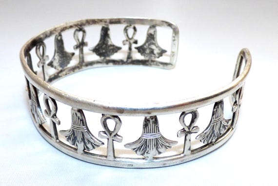Vintage Egyptian Solid Silver Cuff Torque Bangle … - image 1