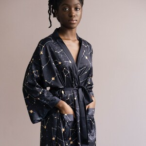 Our Constellation Kimono Robe made of sustainable recycled materials features our original hand-drawn prints. The perfect gift you can feel good about.