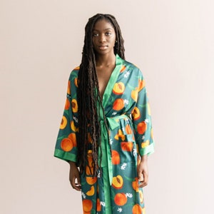 Peach Robe: Fruit Peaches Bohemian Kimono Bridesmaid Bridal Party Long Vegan Silk Robe Unisex Gifts Cool Design sustainable festival