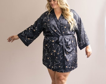 Constellation Robe: Astrology Stars Cosmos Bohemian Kimono Bridesmaid Bridal Party Short Vegan Silk Robe Unisex Gifts Cool sustainable